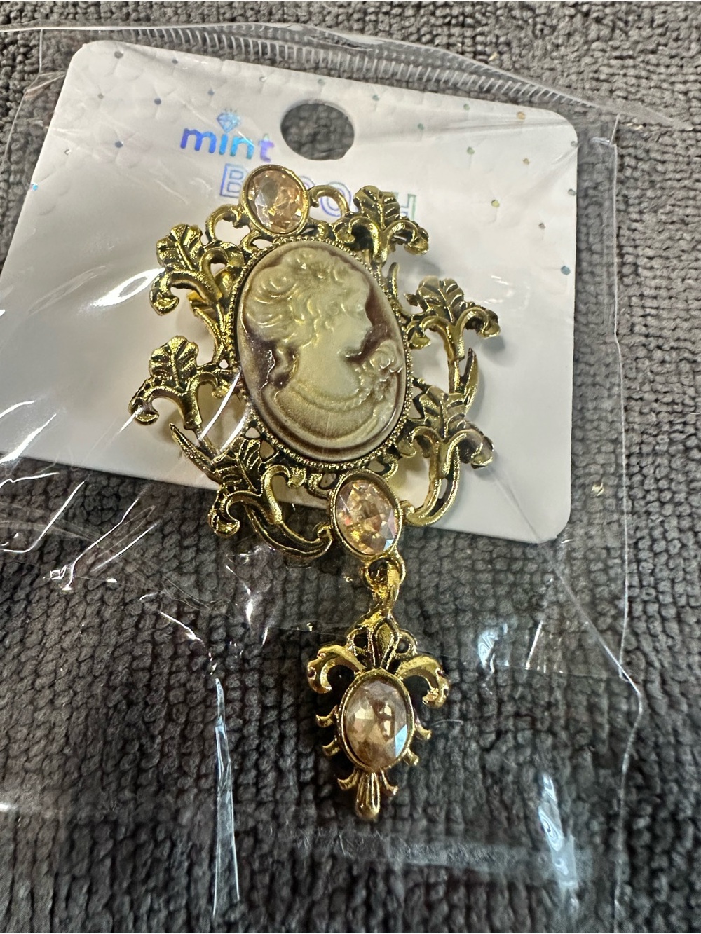 cameo Gold-Tone Cream and Peach Cameo Brooch with Dangle Crystals